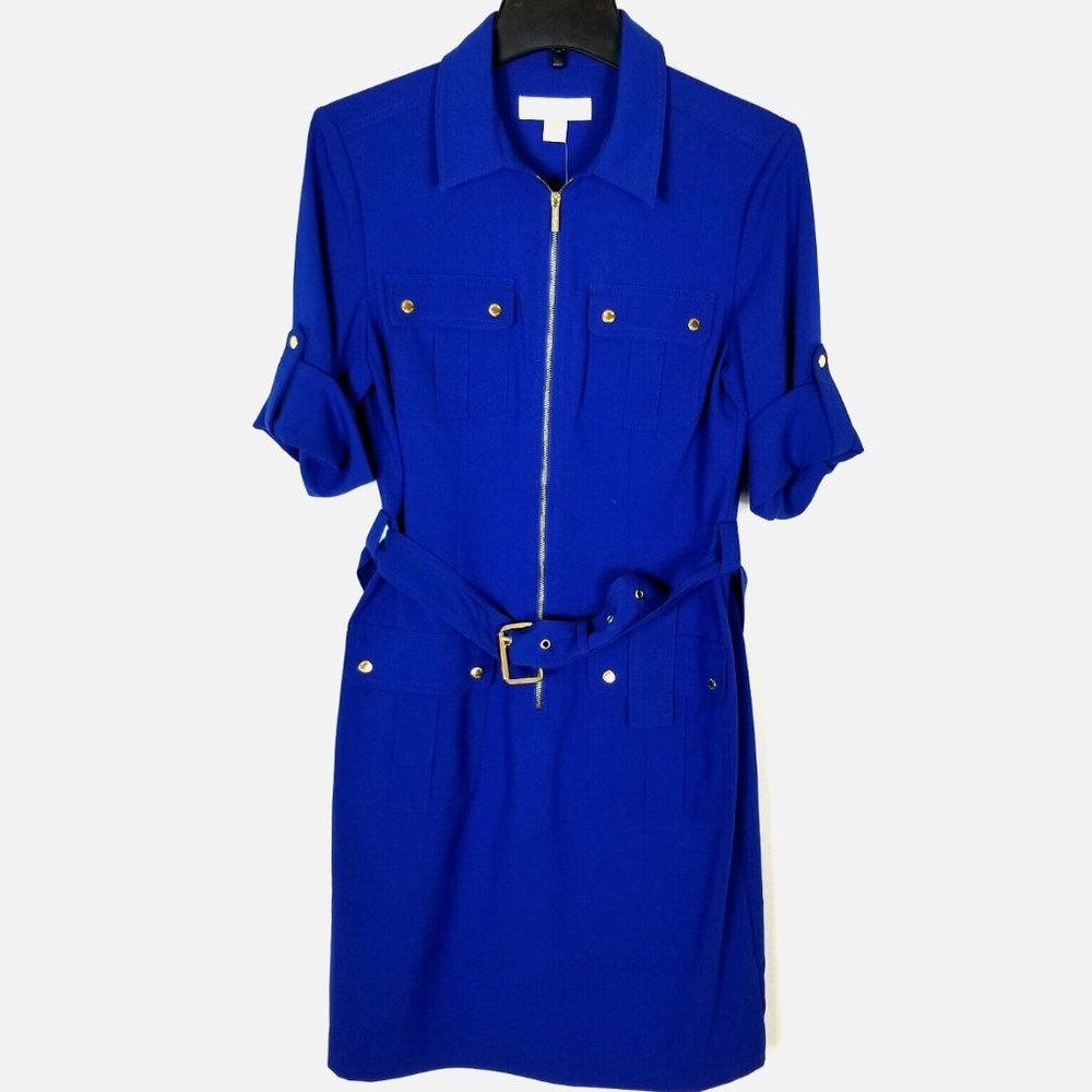 MICHAEL KORS Royal Blue Belted Zip-Front Shirtdress Size M
